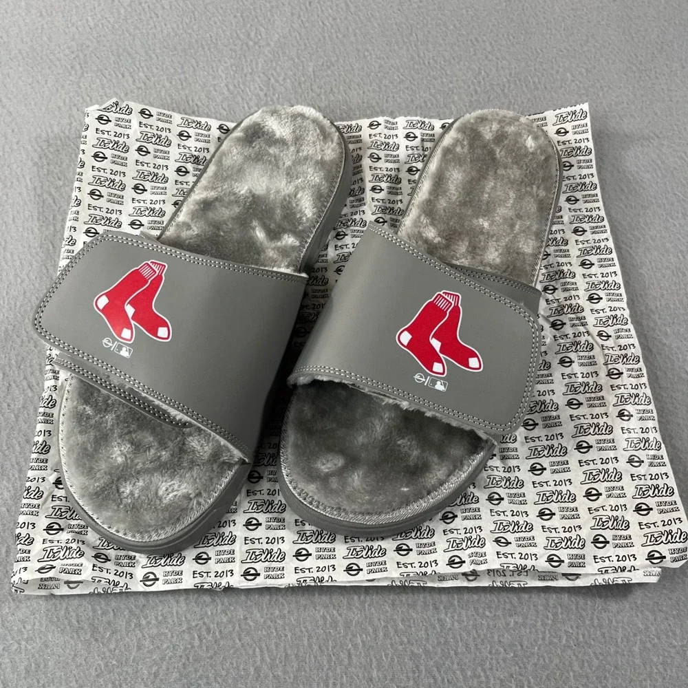 ISlide Boston Red Sox MLB Grey‎ Fur Lined Slide Sandals Mens 13